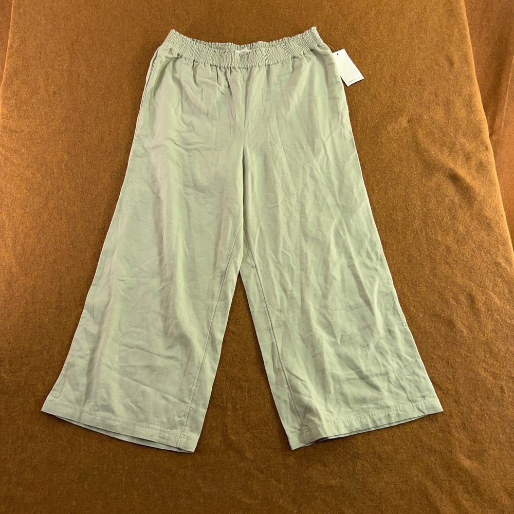 O'Neill Womens XL Green Linen Blend Elastic Waist Wide Leg Crop Pants New